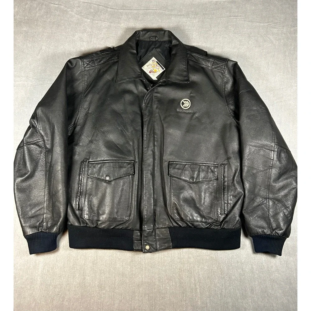 Top of the World Wiman Mens Black Leather Bomber Jacket XXL Best Disposal Logo